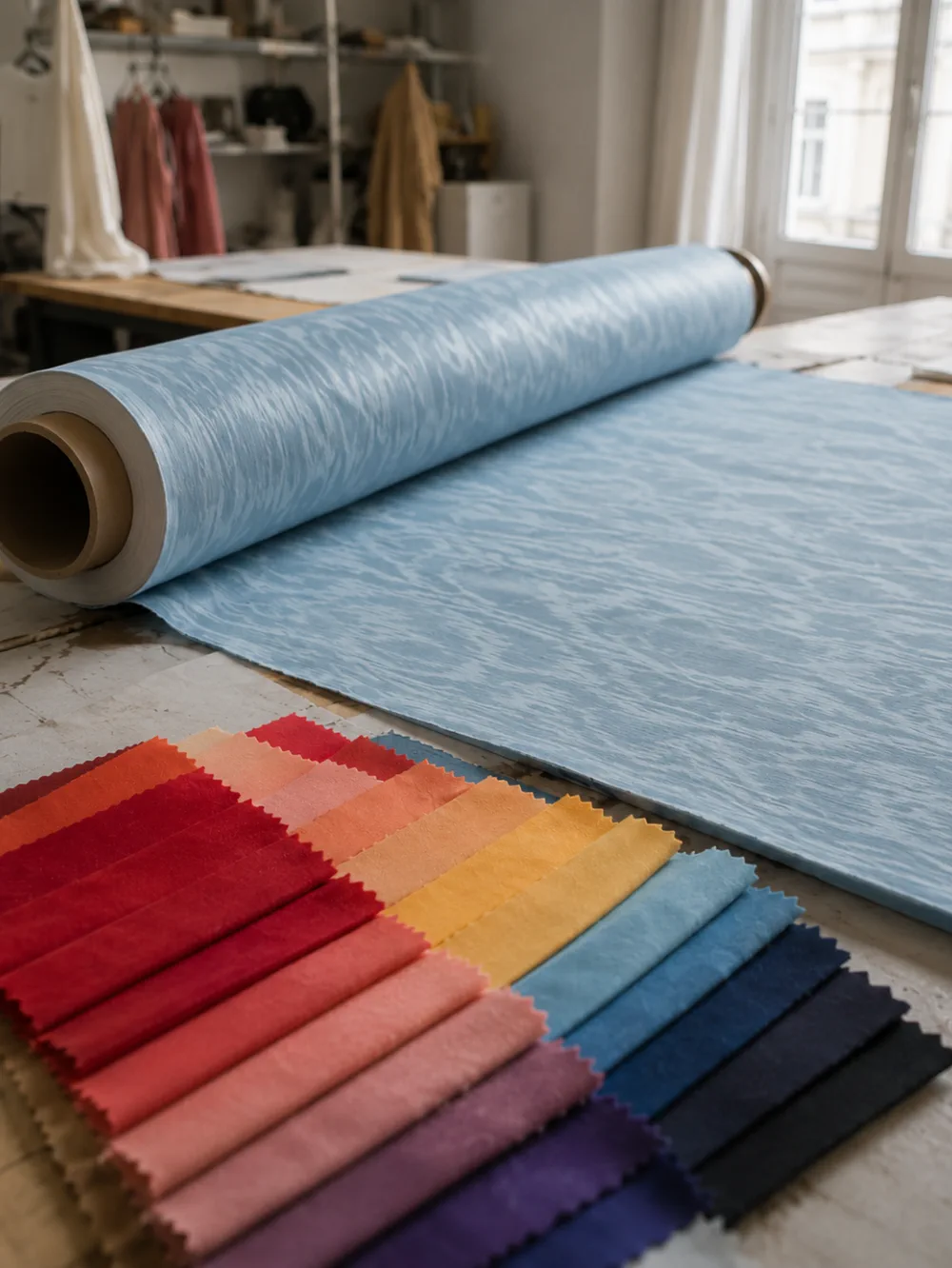 A roll of pale blue moiré unrolled across the atelier table, with a fan of colour swatches laid out in front of it