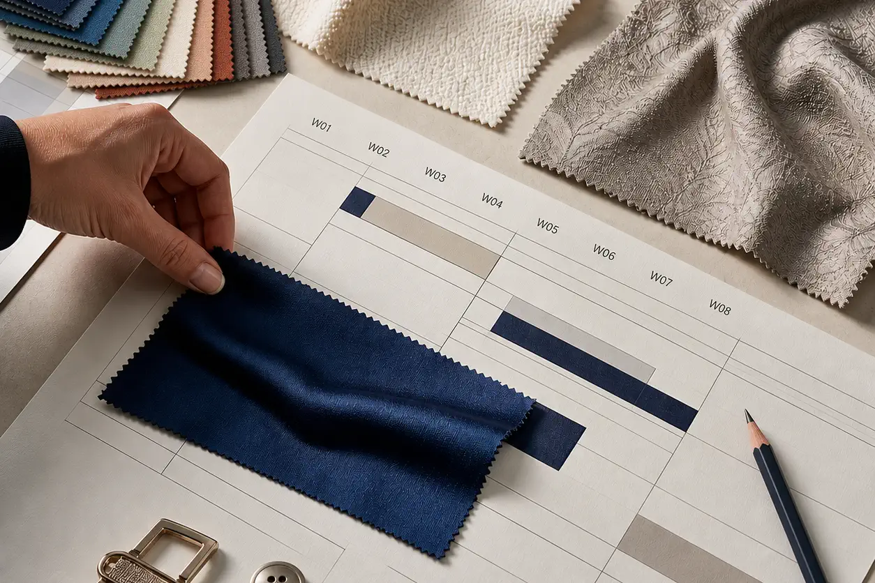 A navy swatch laid onto a printed season plan, beside colour cards, bouclé and jacquard samples, buckles, and buttons