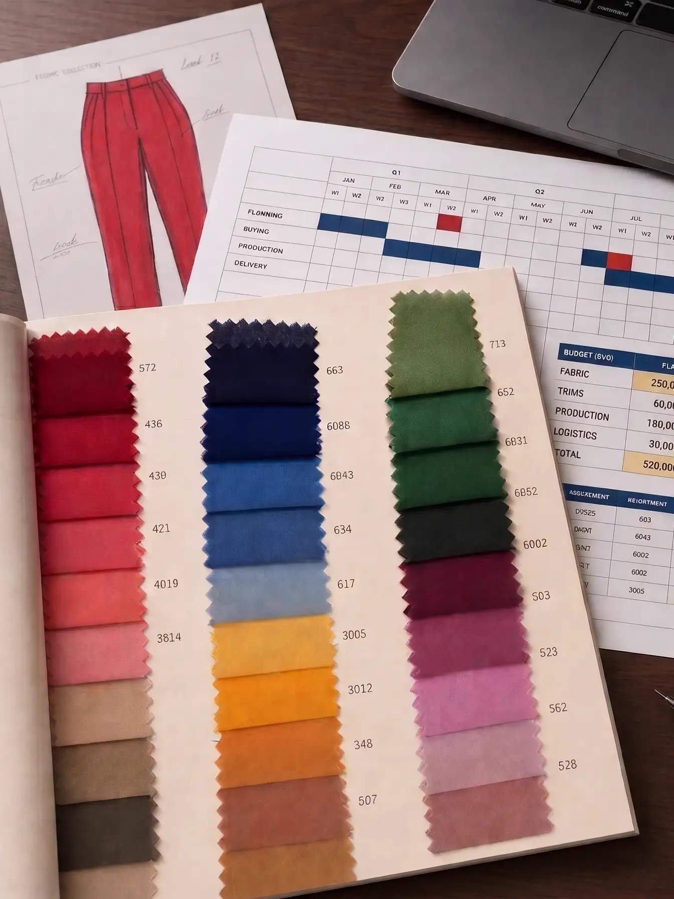 A fabric colour book open beside a costed production plan, a garment sketch, a laptop, and a calculator
